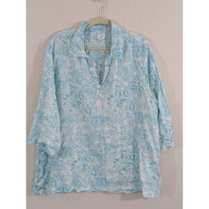 Sigrid Olsen Womens Plus 3X Floral 100% Linen Shirt Relaxed Beach Side Buttons